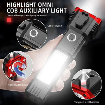 High-Power LED Torch Light - Rechargeable Flashlight With Tactical Hammer And Power Bank