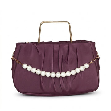 Elegant Pleated Maroon Handbag with Pearl Detail