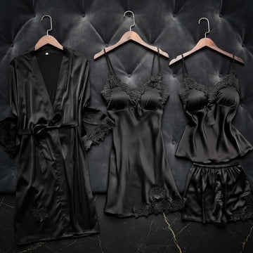 Black 5-Piece Elegant Lace Satin Nightwear Set