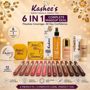 Kashee's 6 In 1 Foundation, Fixer, 12 Pcs Lip Pencil Set, Face Powder, Loose Powder And Paint Stick Deal, Pack Of 6